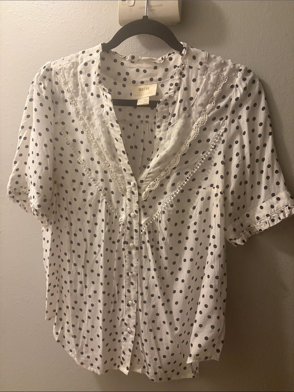 Maeva button up White Blouse with Black Polka Dots and Lace Trim SZ 2/small